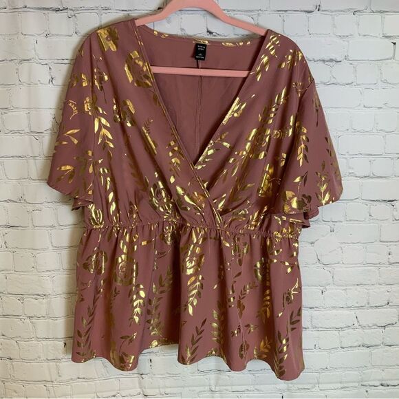 S hein Tops - Shein Mauve Gold Foil Faux Wrap Blouse 4XL